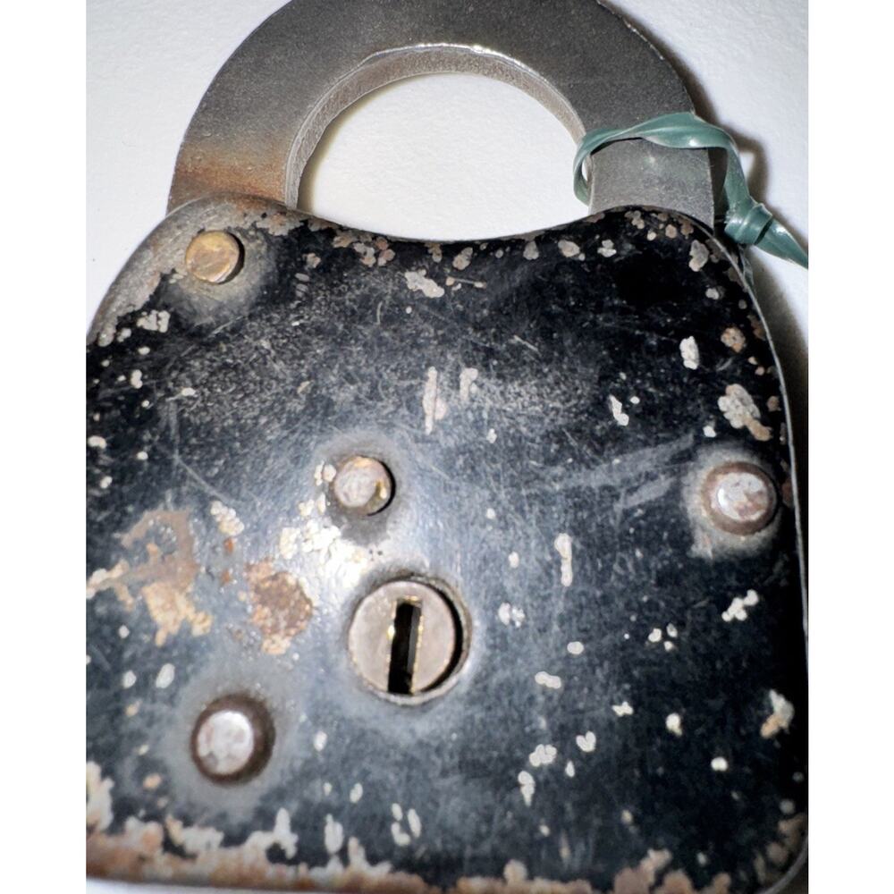 Antique Vintage Black Pressed Steel Padlock W Key Warded Skeleton Lock- Mid Cent